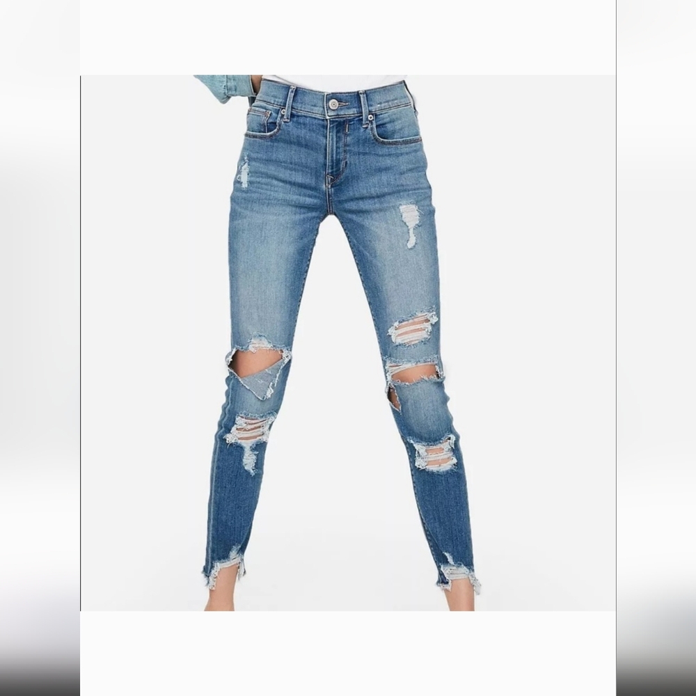 Express Blue Skinny Jeans with Distressed Details